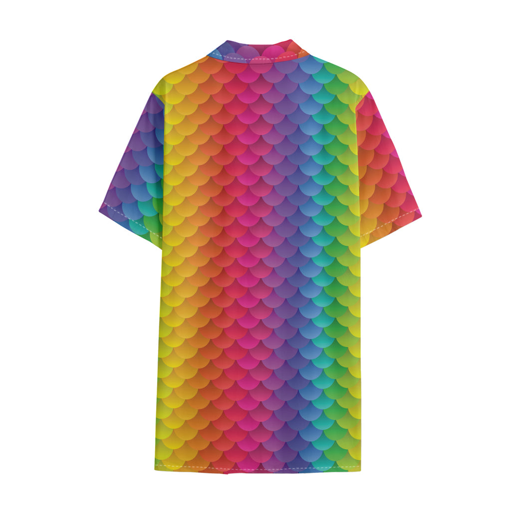 Rainbow Mermaid Scale Pattern Print Cotton Hawaiian Shirt