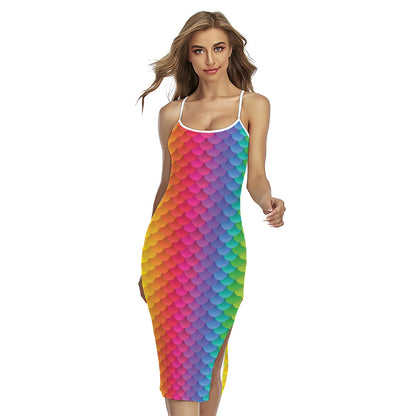 Rainbow Mermaid Scale Pattern Print Cross Back Cami Dress