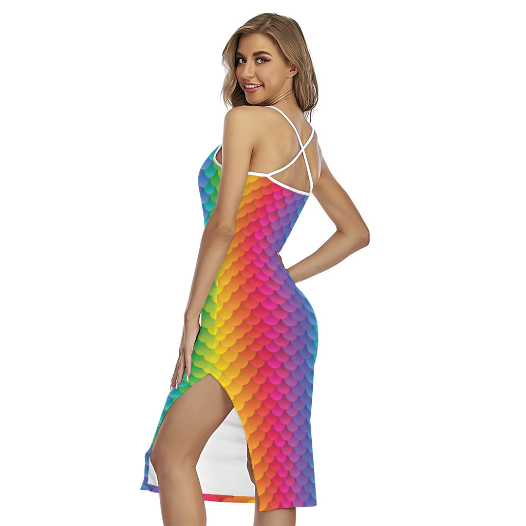Rainbow Mermaid Scale Pattern Print Cross Back Cami Dress