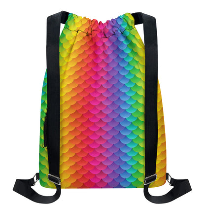 Rainbow Mermaid Scale Pattern Print Drawstring Backpack