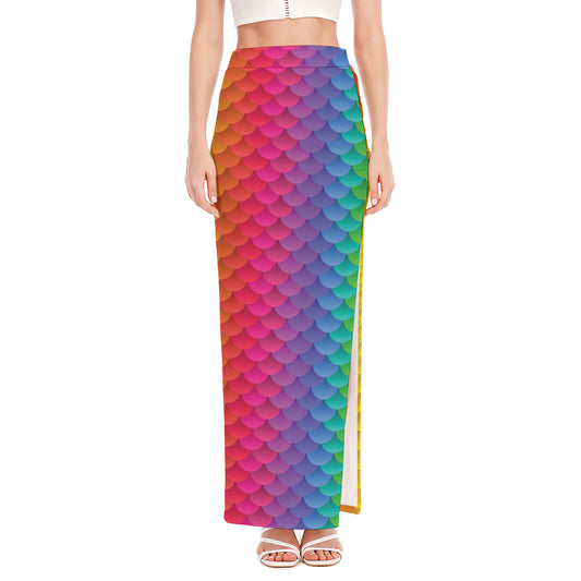 Rainbow Mermaid Scale Pattern Print High Slit Maxi Skirt