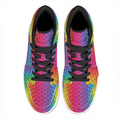 Rainbow Mermaid Scale Pattern Print High Top Leather Sneakers