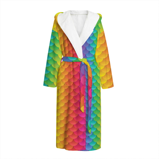 Rainbow Mermaid Scale Pattern Print Hooded Bathrobe