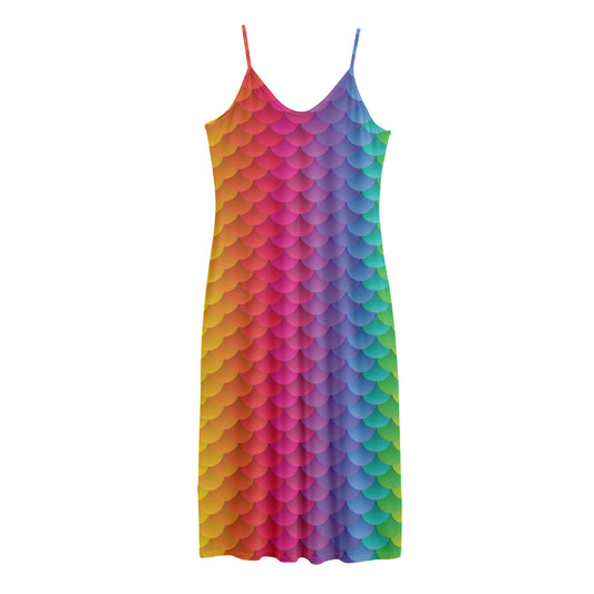 Rainbow Mermaid Scale Pattern Print Jersey Midi Cami Dress