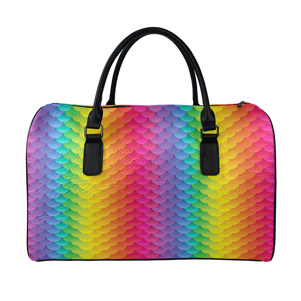 Rainbow Mermaid Scale Pattern Print Leather Duffle Bag