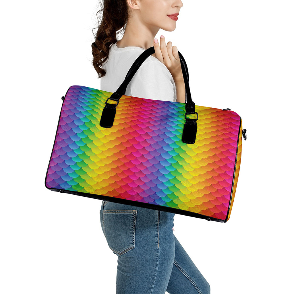 Rainbow Mermaid Scale Pattern Print Leather Duffle Bag