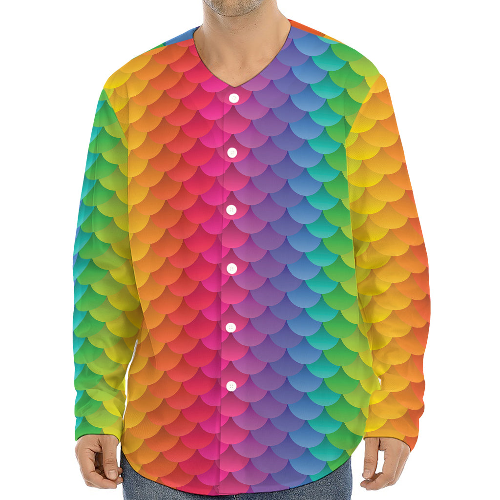 Rainbow Mermaid Scale Pattern Print Long Sleeve Baseball Jersey