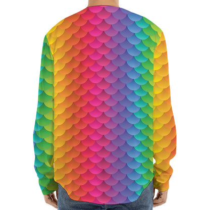 Rainbow Mermaid Scale Pattern Print Long Sleeve Baseball Jersey