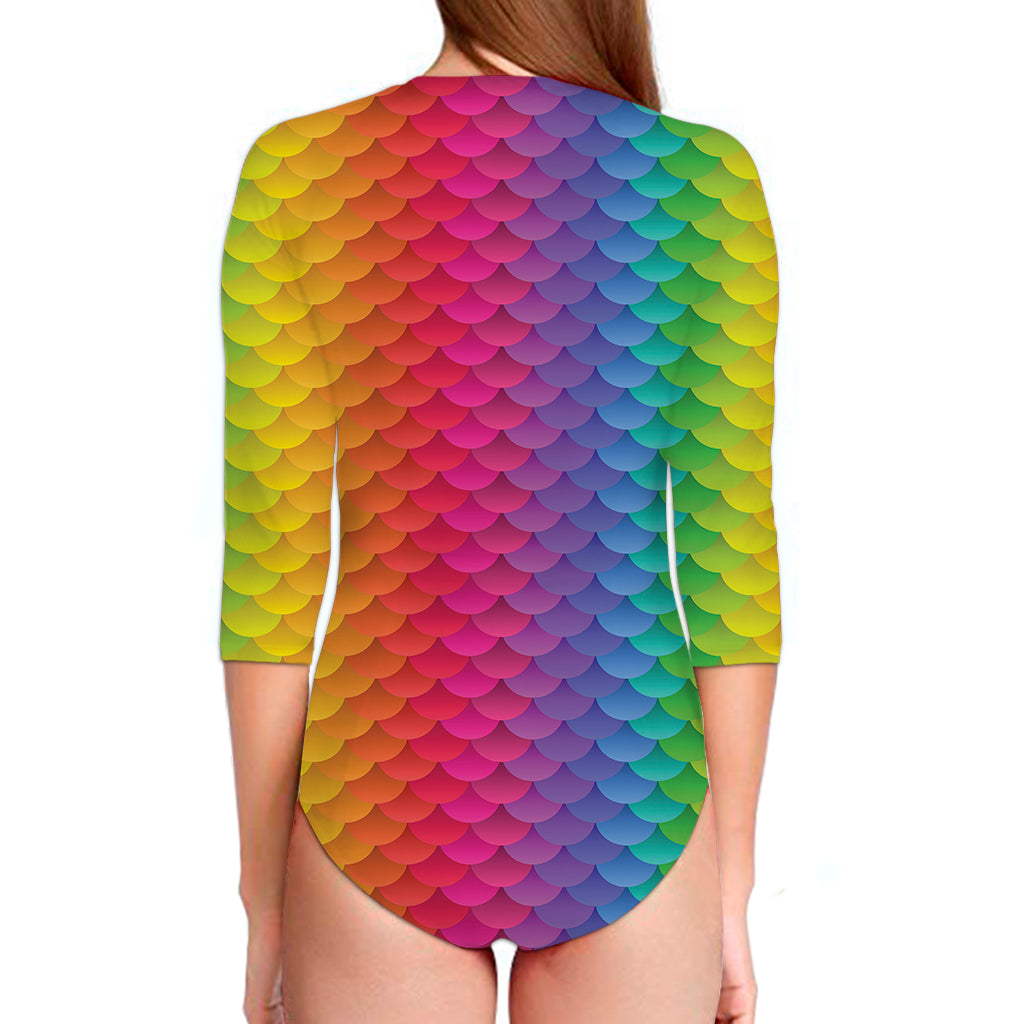 Rainbow Mermaid Scale Pattern Print Long Sleeve Swimsuit