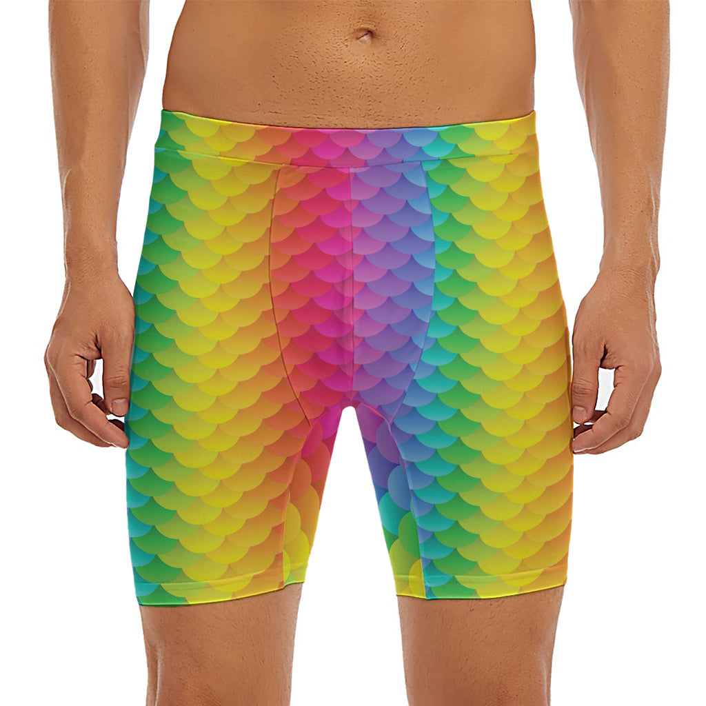Rainbow Mermaid Scale Pattern Print Men's Long Boxer Briefs