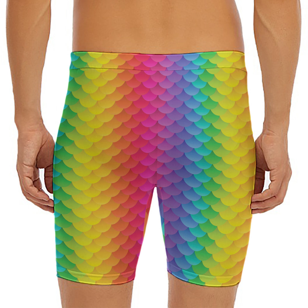 Rainbow Mermaid Scale Pattern Print Men's Long Boxer Briefs