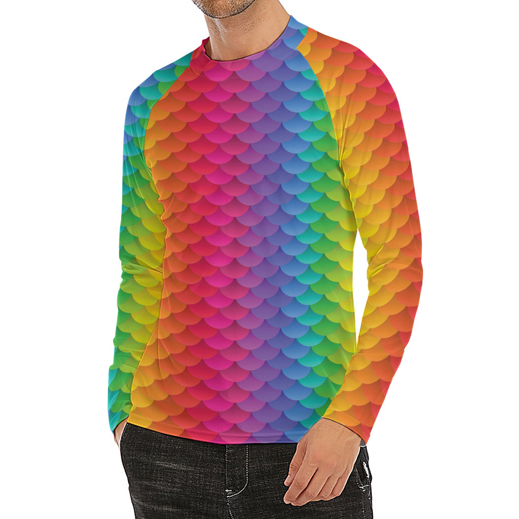 Rainbow Mermaid Scale Pattern Print Men's Long Sleeve Rash Guard