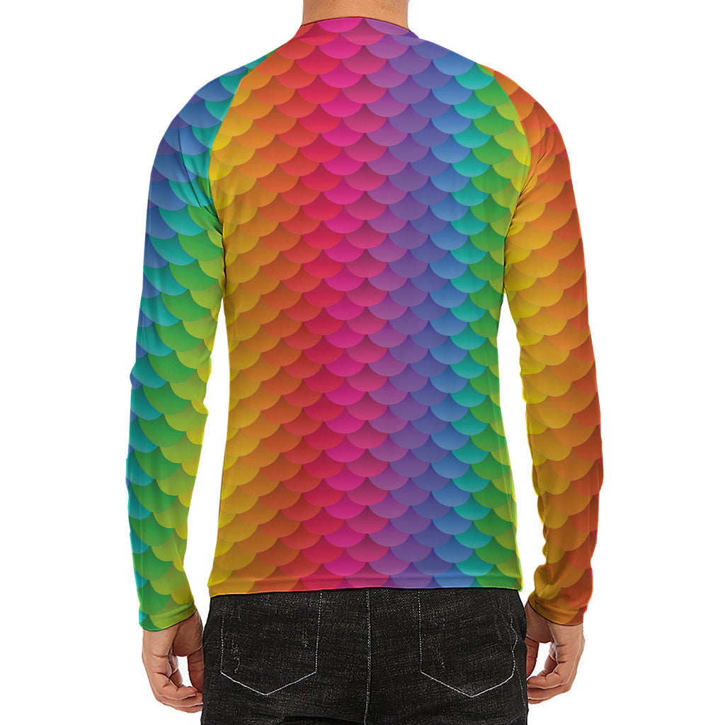 Rainbow Mermaid Scale Pattern Print Men's Long Sleeve Rash Guard