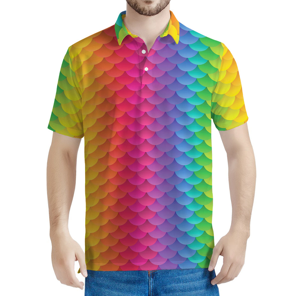 Rainbow Mermaid Scale Pattern Print Men's Polo Shirt