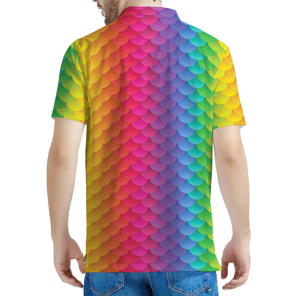 Rainbow Mermaid Scale Pattern Print Men's Polo Shirt