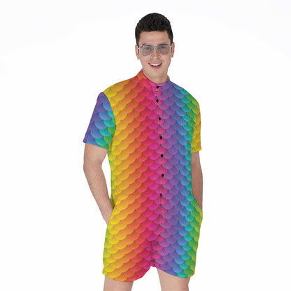Rainbow Mermaid Scale Pattern Print Men's Rompers