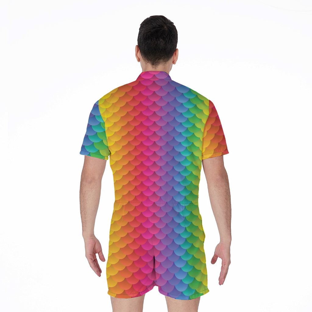 Rainbow Mermaid Scale Pattern Print Men's Rompers