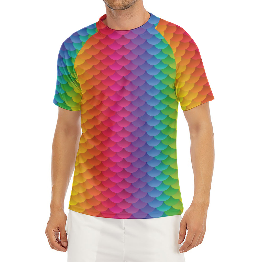 Rainbow Mermaid Scale Pattern Print Men's Short Sleeve Rash Guard