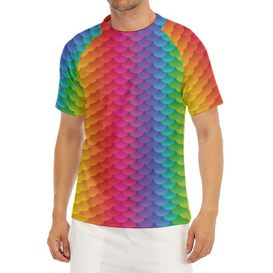 Rainbow Mermaid Scale Pattern Print Men's Short Sleeve Rash Guard