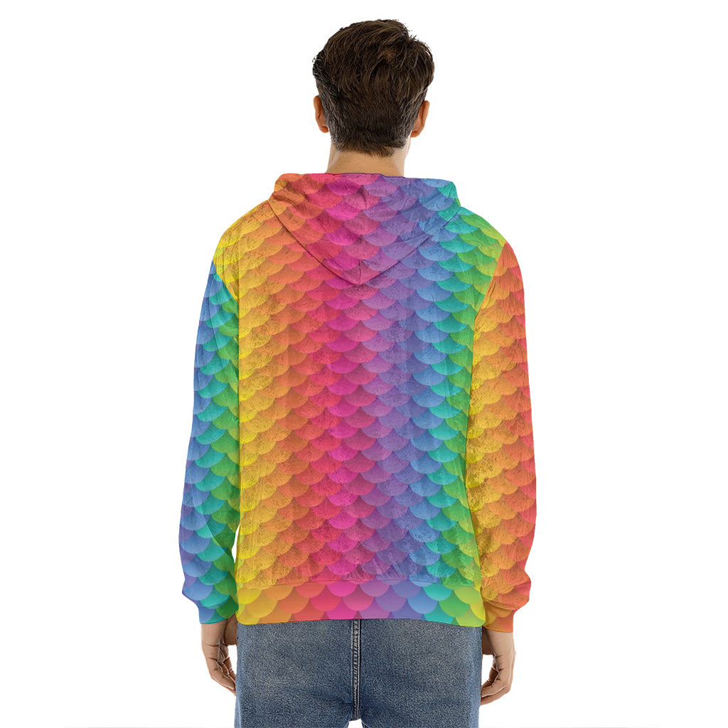 Rainbow Mermaid Scale Pattern Print Men's Velvet Pullover Hoodie