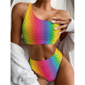 Rainbow Mermaid Scale Pattern Print One Shoulder Bikini Set