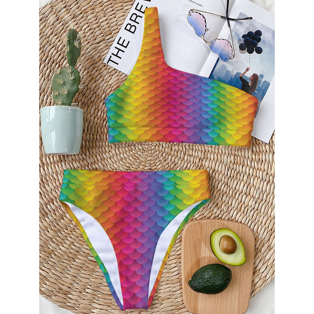 Rainbow Mermaid Scale Pattern Print One Shoulder Bikini Top