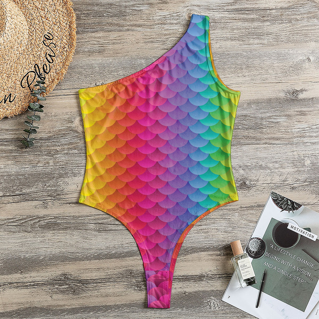 Rainbow Mermaid Scale Pattern Print One Shoulder Bodysuit
