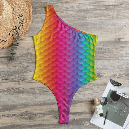 Rainbow Mermaid Scale Pattern Print One Shoulder Bodysuit