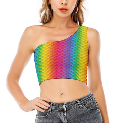 Rainbow Mermaid Scale Pattern Print One Shoulder Crop Top