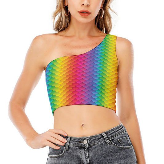 Rainbow Mermaid Scale Pattern Print One Shoulder Crop Top