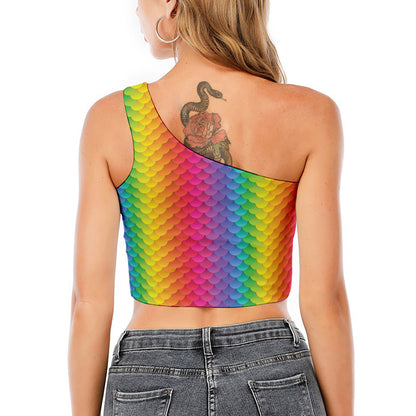 Rainbow Mermaid Scale Pattern Print One Shoulder Crop Top