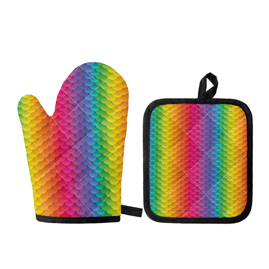 Rainbow Mermaid Scale Pattern Print Oven Mitt And Pot Holder Set