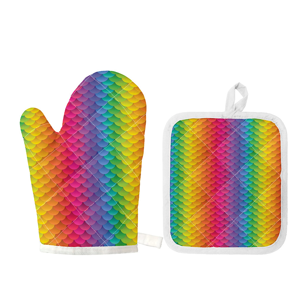 Rainbow Mermaid Scale Pattern Print Oven Mitt And Pot Holder Set