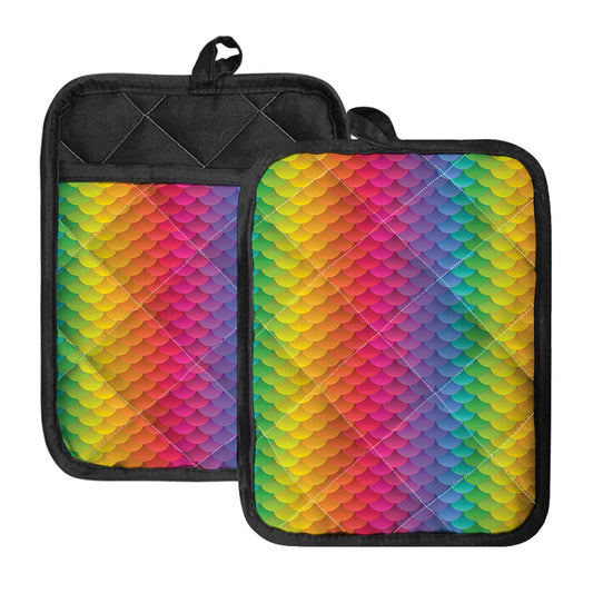 Rainbow Mermaid Scale Pattern Print Pot Holders With Pocket