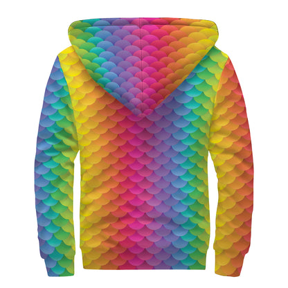 Rainbow Mermaid Scale Pattern Print Sherpa Lined Zip Up Hoodie
