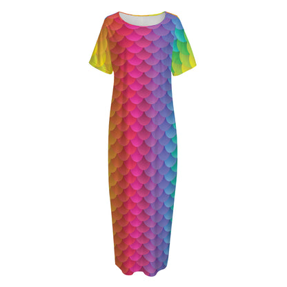 Rainbow Mermaid Scale Pattern Print Short Sleeve Long Nightdress