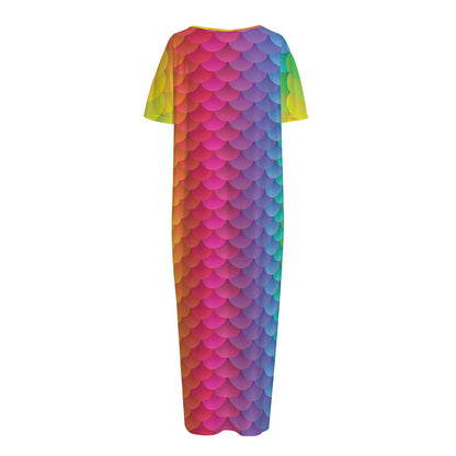 Rainbow Mermaid Scale Pattern Print Short Sleeve Long Nightdress