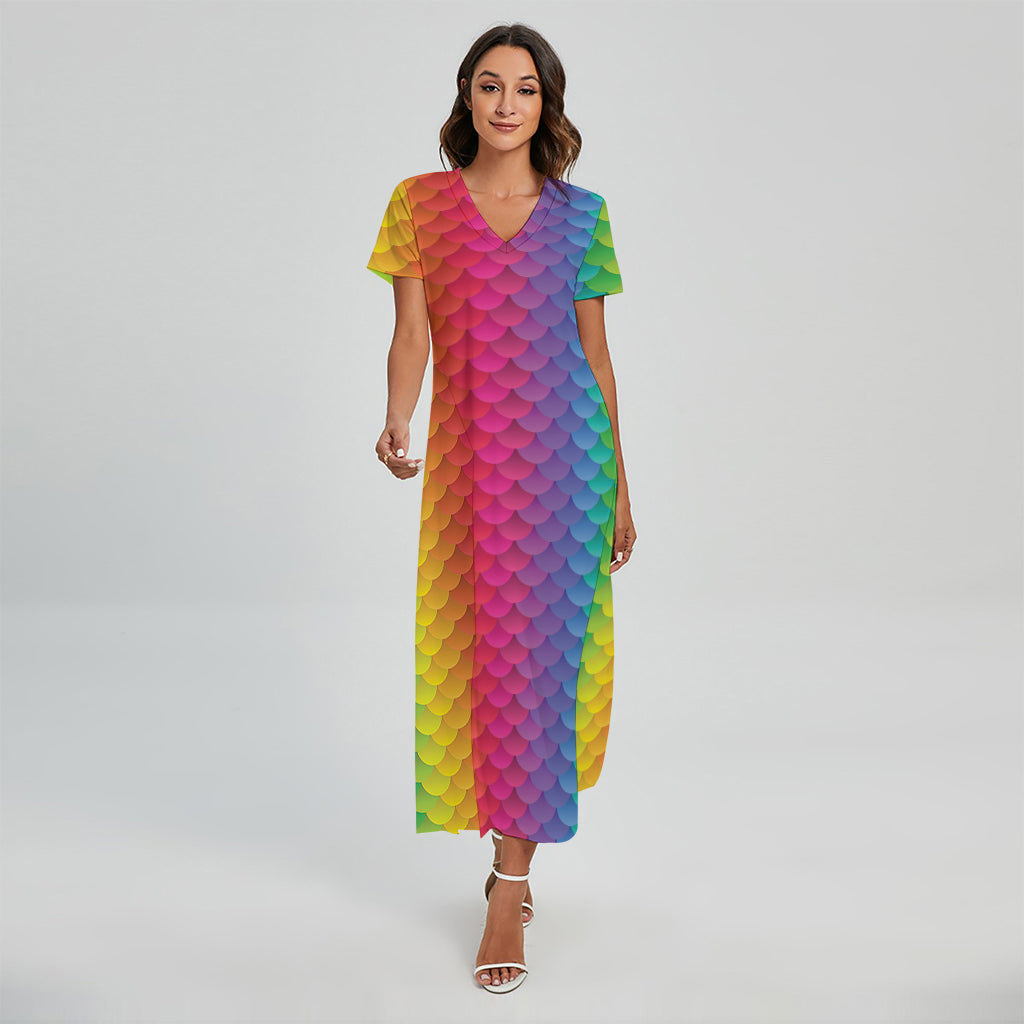 Rainbow Mermaid Scale Pattern Print Short Sleeve Maxi Dress
