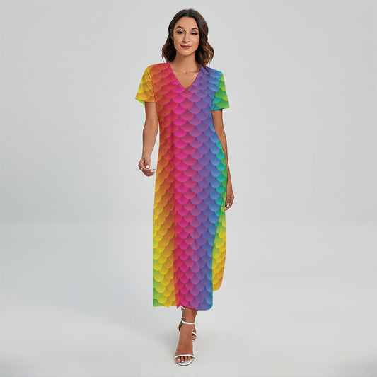 Rainbow Mermaid Scale Pattern Print Short Sleeve Maxi Dress