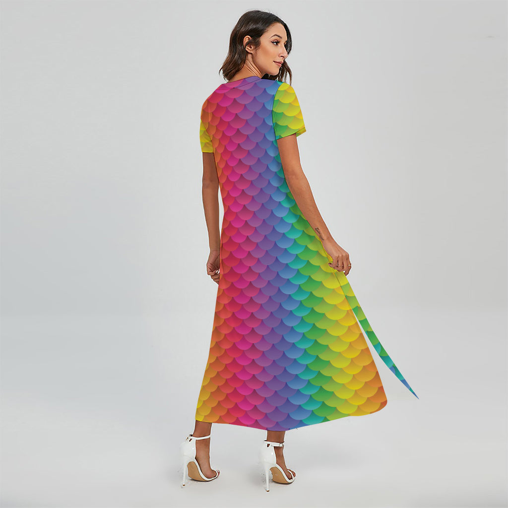 Rainbow Mermaid Scale Pattern Print Short Sleeve Maxi Dress