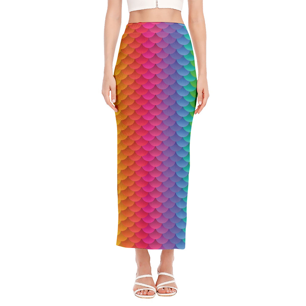 Rainbow Mermaid Scale Pattern Print Side Slit Maxi Skirt
