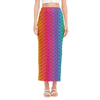 Rainbow Mermaid Scale Pattern Print Side Slit Maxi Skirt