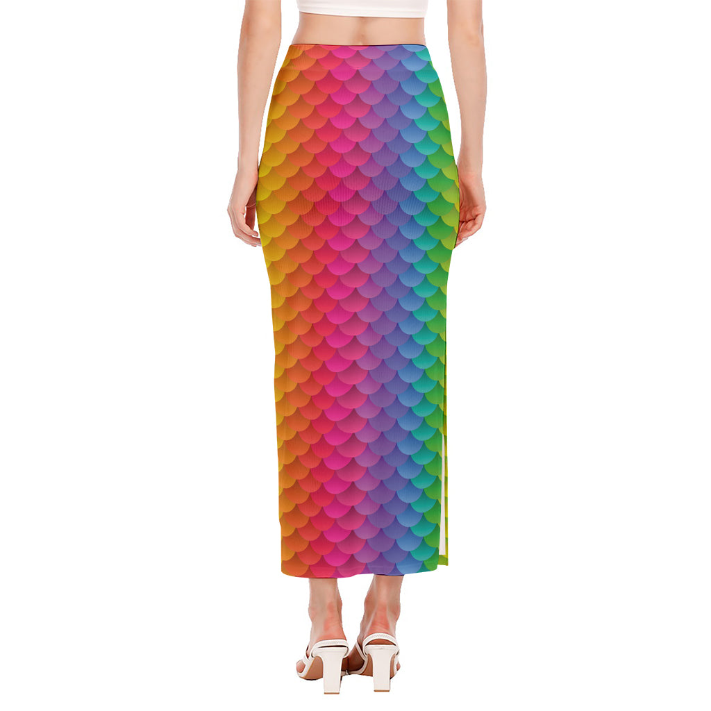 Rainbow Mermaid Scale Pattern Print Side Slit Maxi Skirt