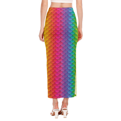 Rainbow Mermaid Scale Pattern Print Side Slit Maxi Skirt