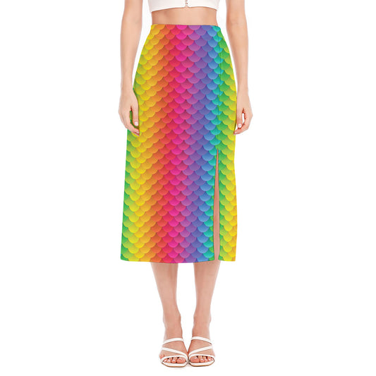 Rainbow Mermaid Scale Pattern Print Side Slit Midi Skirt