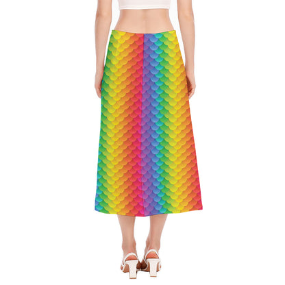 Rainbow Mermaid Scale Pattern Print Side Slit Midi Skirt