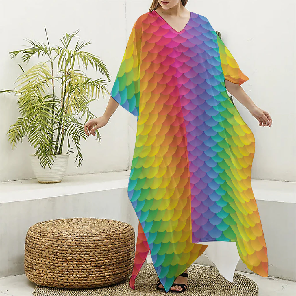 Rainbow Mermaid Scale Pattern Print Silk V-Neck Kaftan Dress