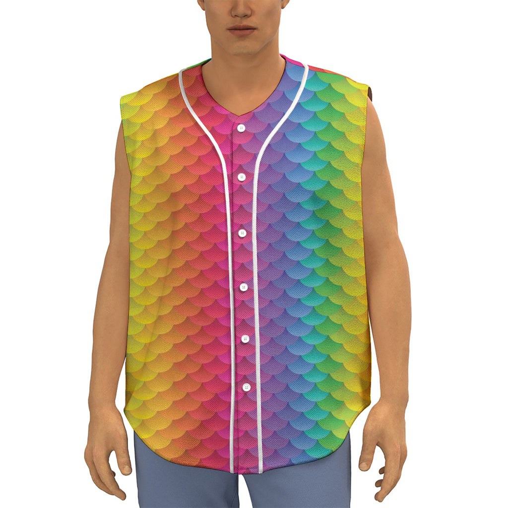 Rainbow Mermaid Scale Pattern Print Sleeveless Baseball Jersey