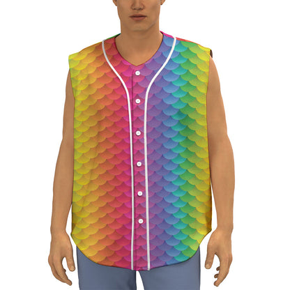 Rainbow Mermaid Scale Pattern Print Sleeveless Baseball Jersey