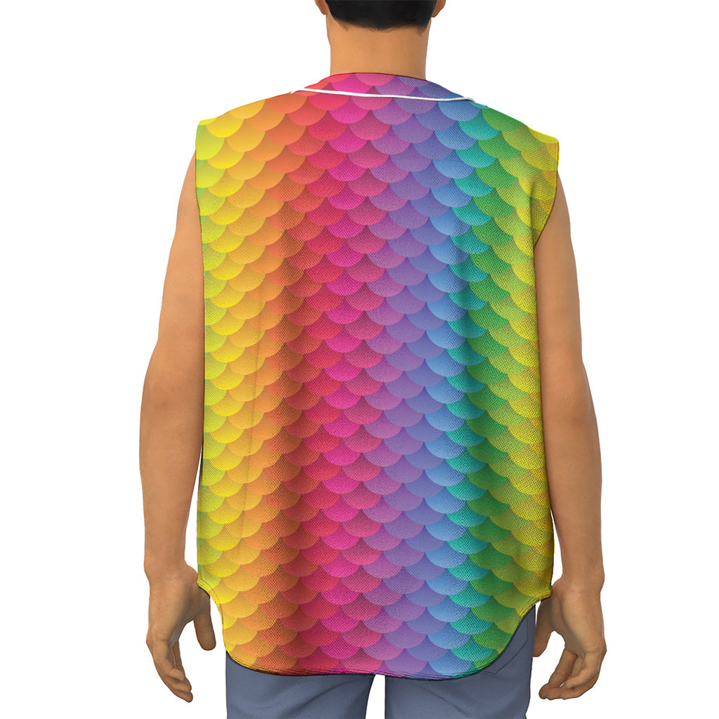 Rainbow Mermaid Scale Pattern Print Sleeveless Baseball Jersey